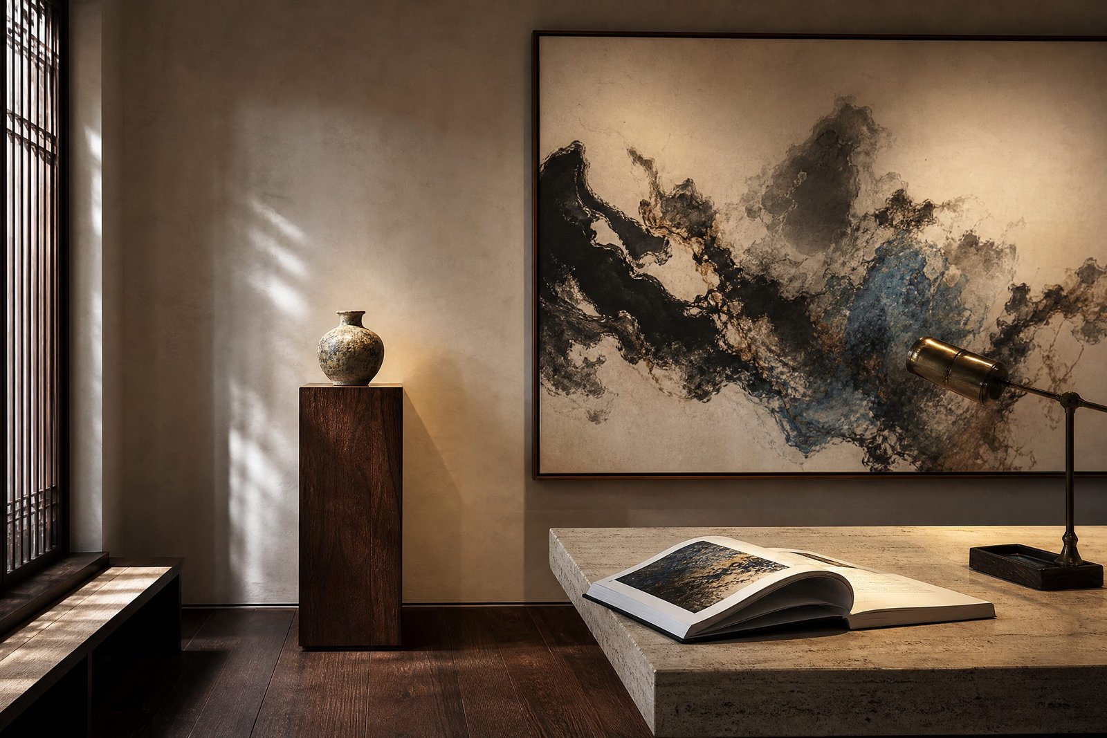 Private art viewing room with a collection research catalogue