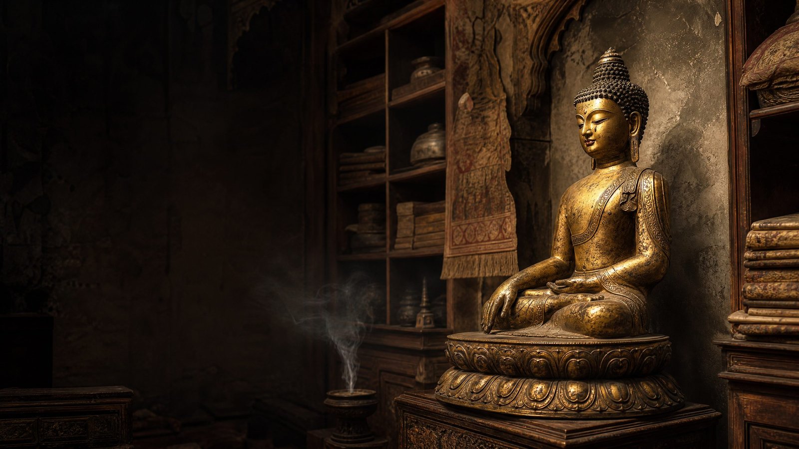 Antique Buddhist bronze in a historic Indian collector's gallery