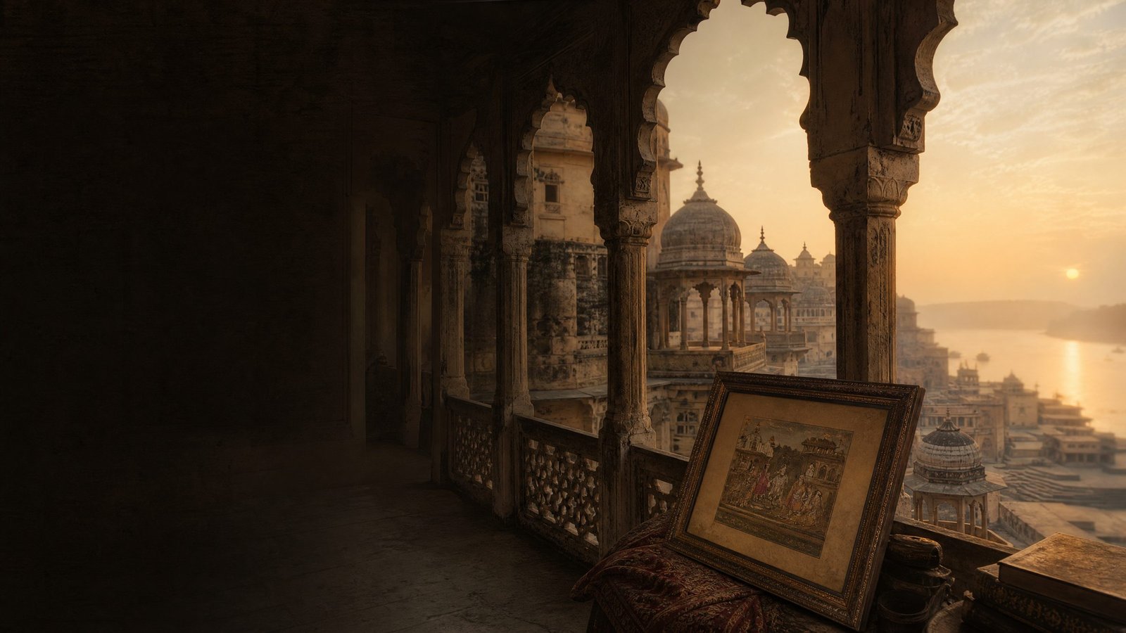Vintage Indian city and palace arcade at dawn