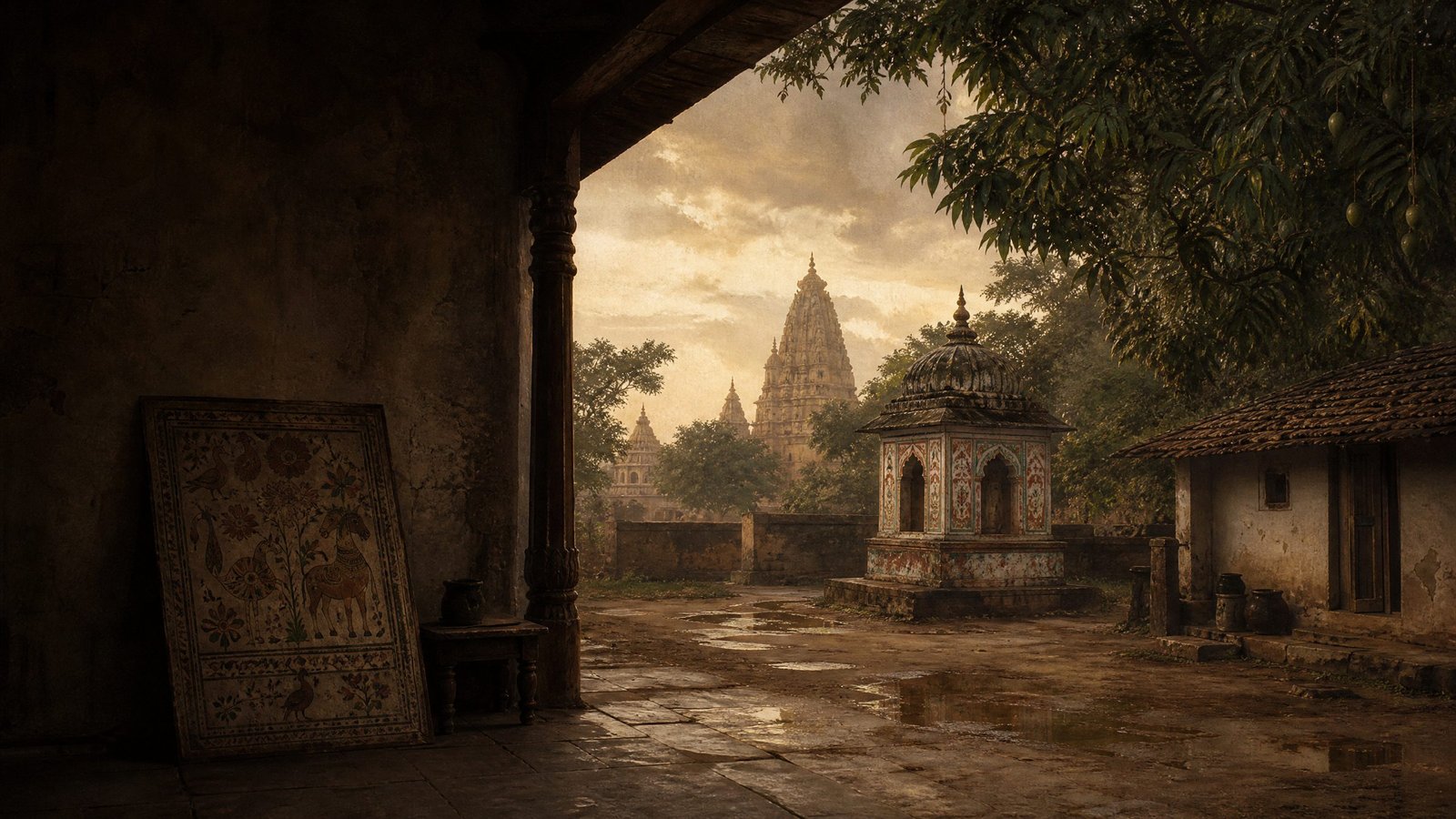 Antique Indian village landscape with a historic shrine